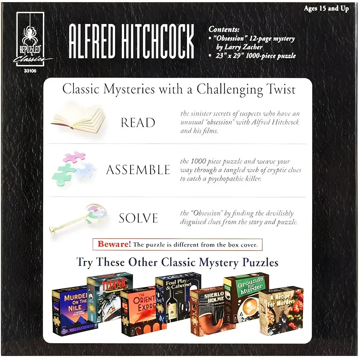 Alfred Hitchcock - Read, Assemble & Solve the Mystery Jigsaw Puzzle Game (1000 Pieces) - University Games - Bepuzzled Classics Series - Image 3