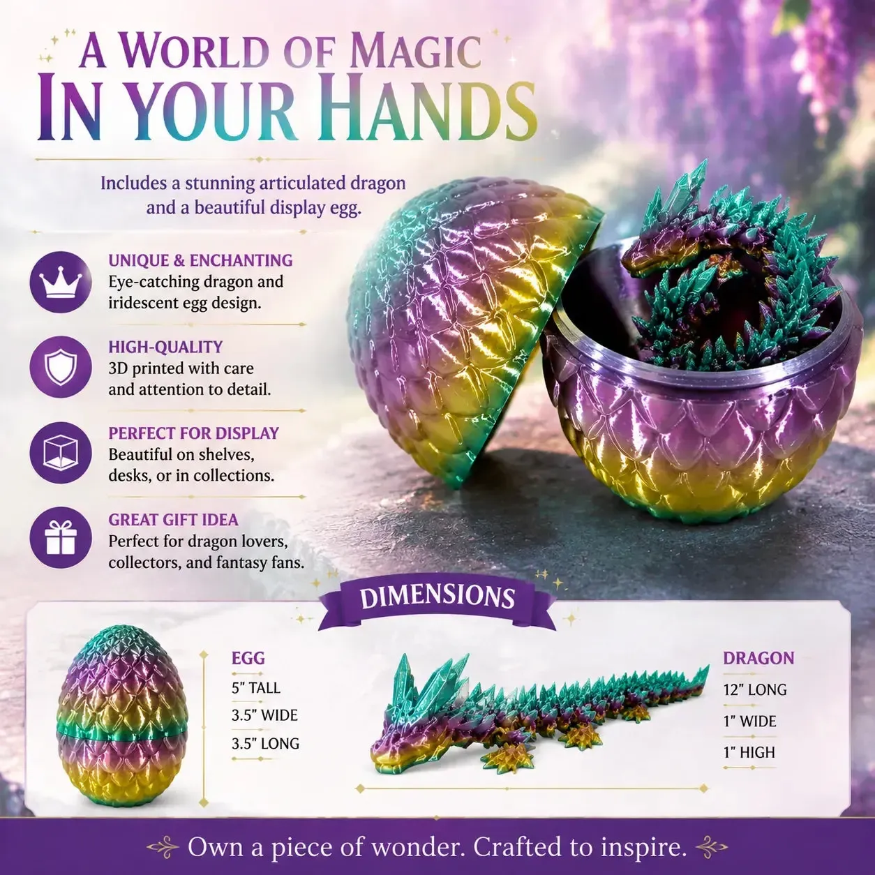 Aurora Prism Dragon Hatchling Toy Figure with Egg (3D Printed) - Wonderland Workshop - Image 2