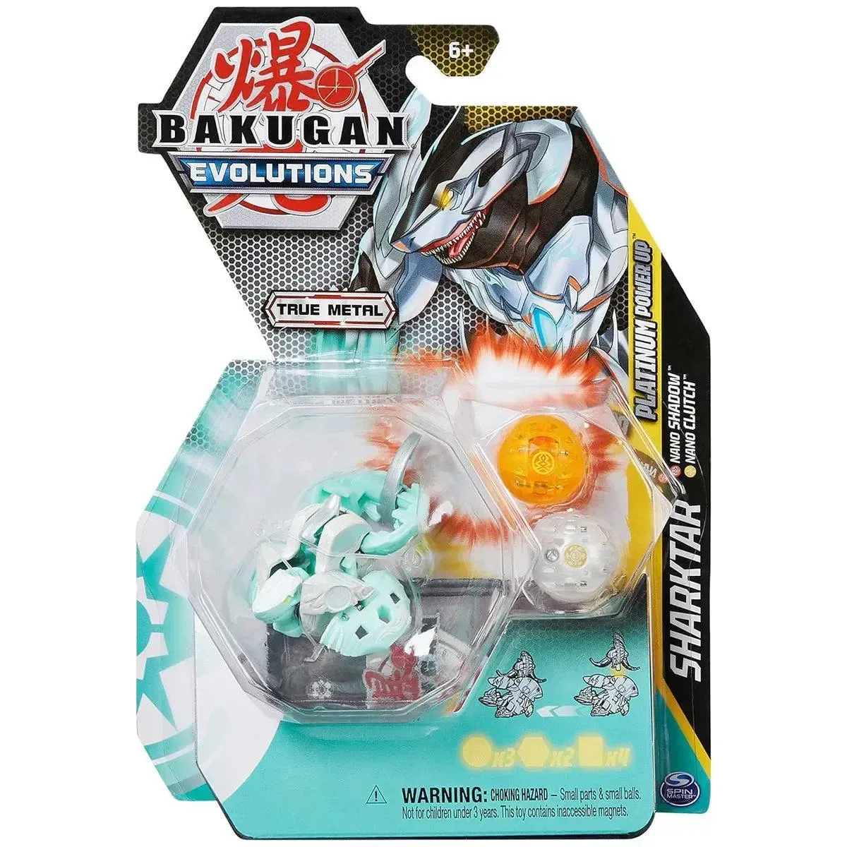 Bakugan: Evolutions - Sharktar with Nano Shadow and Nano Clutch Platinum Power Up Pack - Spin Master - True Metal Series