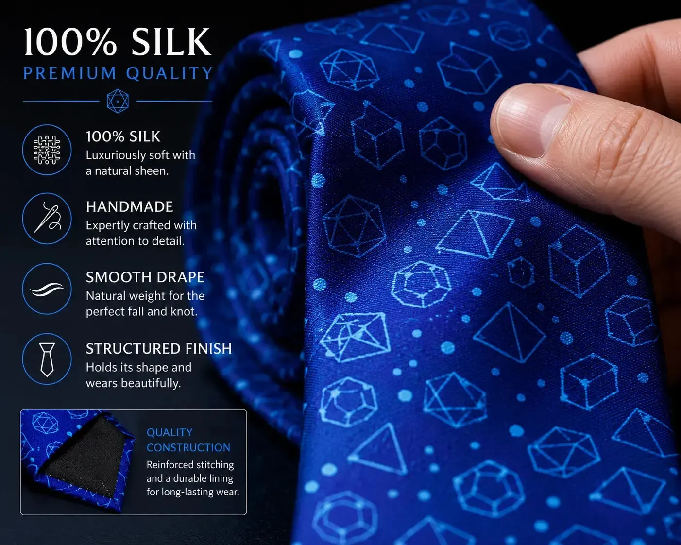 Blue Dice Pattern Premium Necktie (Handmade, 100% Silk) - Adventurer's Forge - Image 3