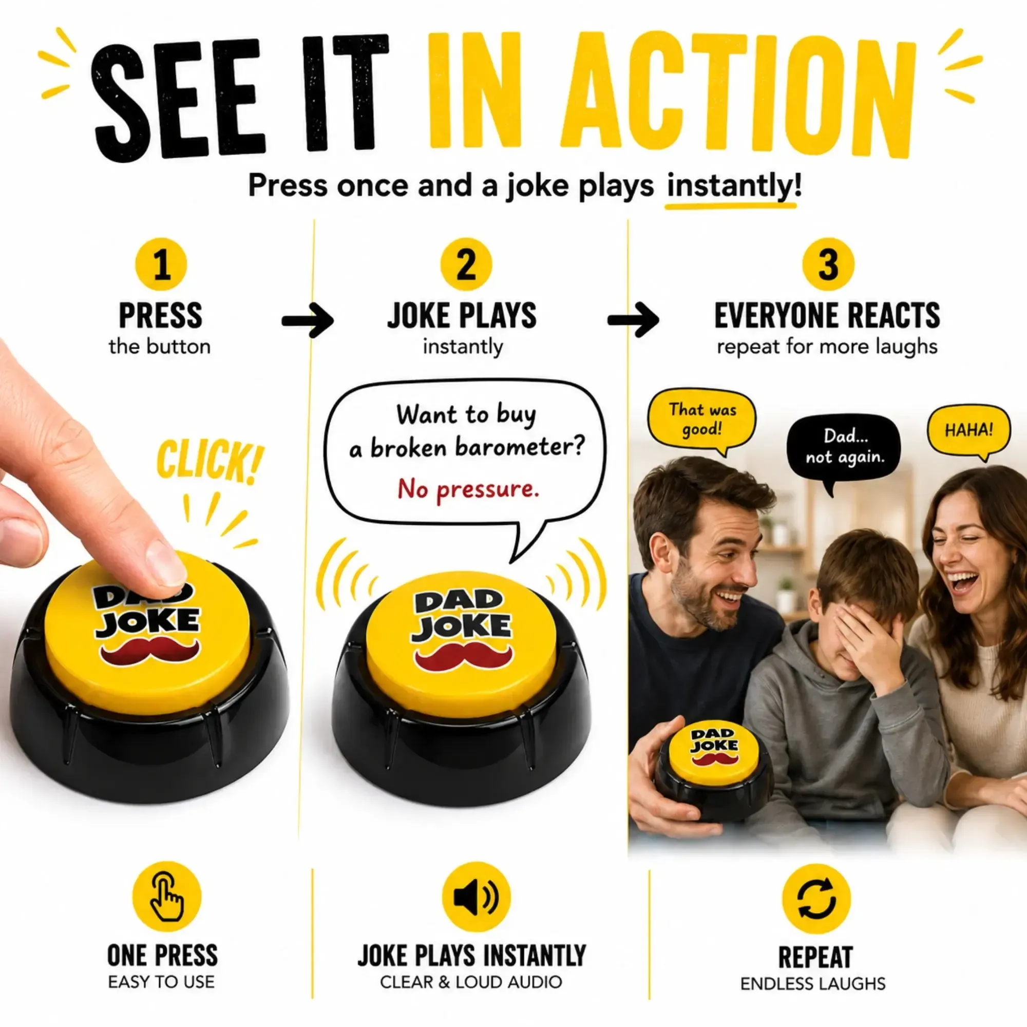 The Original Dad Joke Button | Funny Dad Jokes Gift for Dad | Fathers Day Gifts, Dad Birthday Gift from Daughter Son | Gag Gifts for Men, White Elephant Gifts for Adults - Image 3