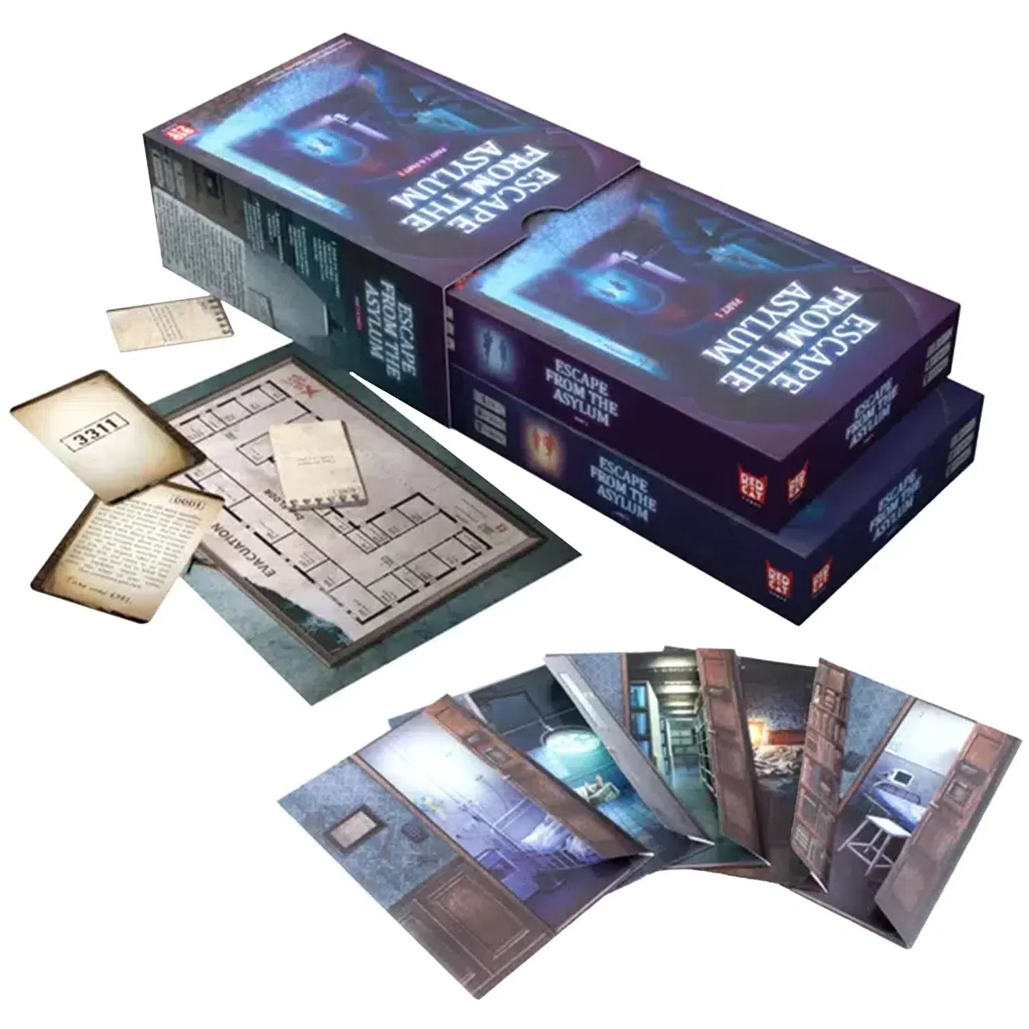 Escape from the Asylum: Parts 1 & 2 - Cooperative Mystery Board Game for Family, and Adults (1-6 Players, Ages 12+) - Imperial Publishing - Image 2