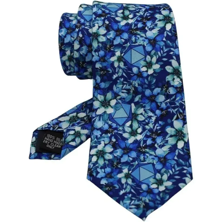 Light Blue Floral Dice Pattern Premium Necktie (Handmade, 100% Silk) - Adventurer's Forge - Image 3