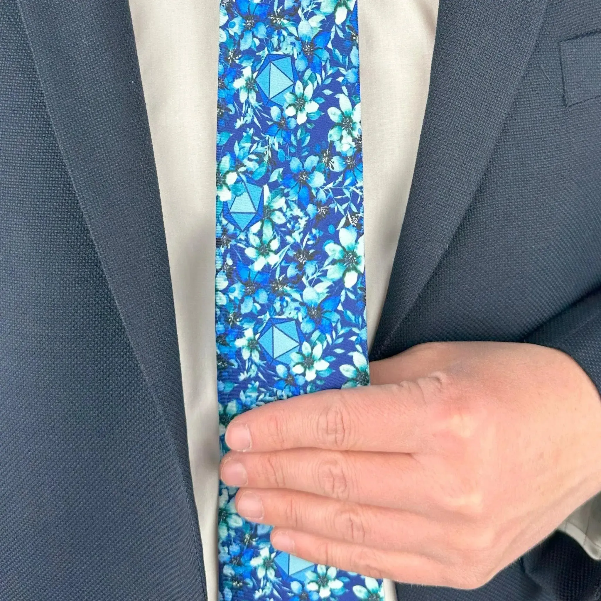 Light Blue Floral Dice Pattern Premium Necktie (Handmade, 100% Silk) - Adventurer's Forge - Image 4