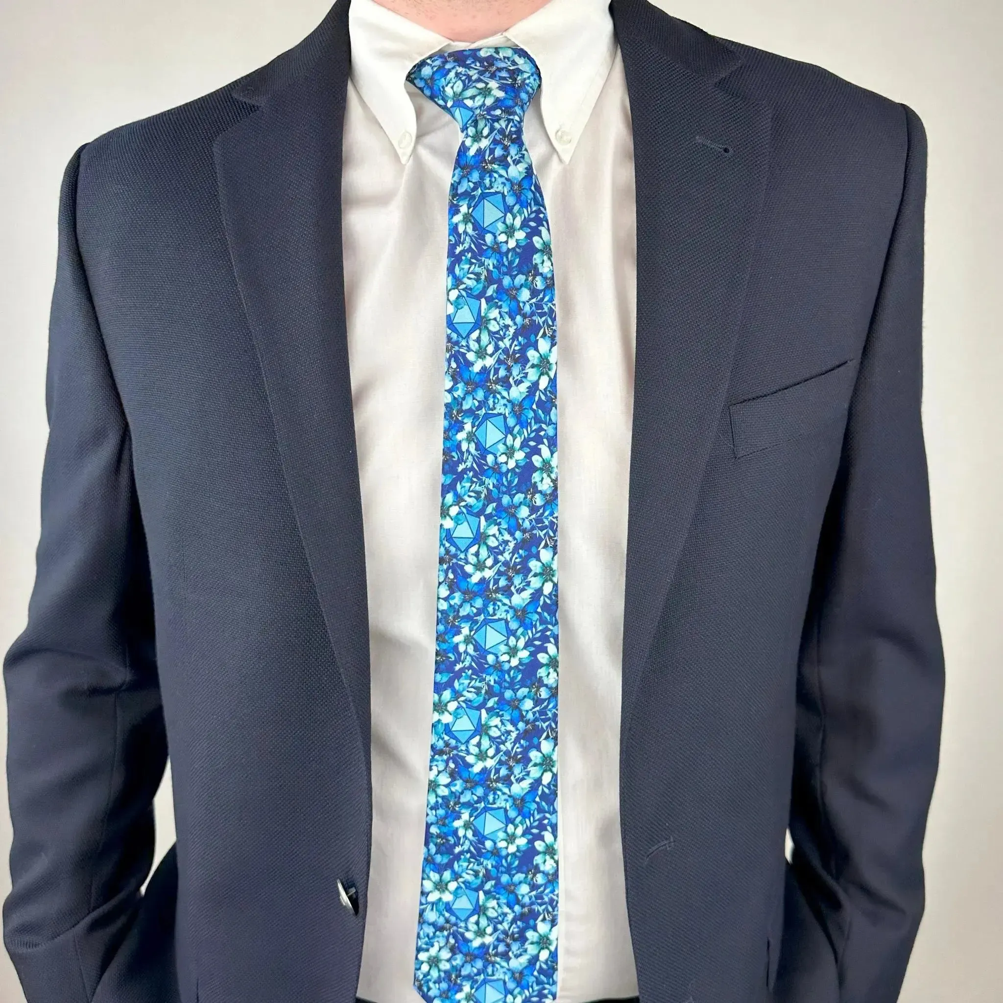 Light Blue Floral Dice Pattern Premium Necktie (Handmade, 100% Silk) - Adventurer's Forge - Image 6