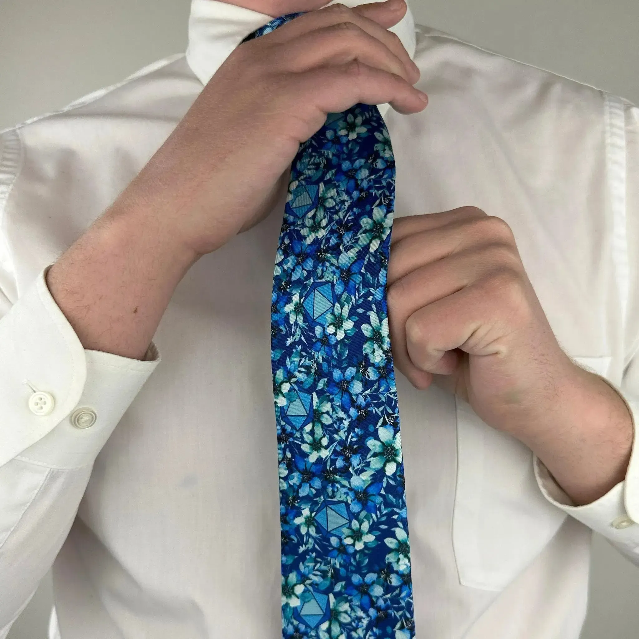 Light Blue Floral Dice Pattern Premium Necktie (Handmade, 100% Silk) - Adventurer's Forge - Image 7