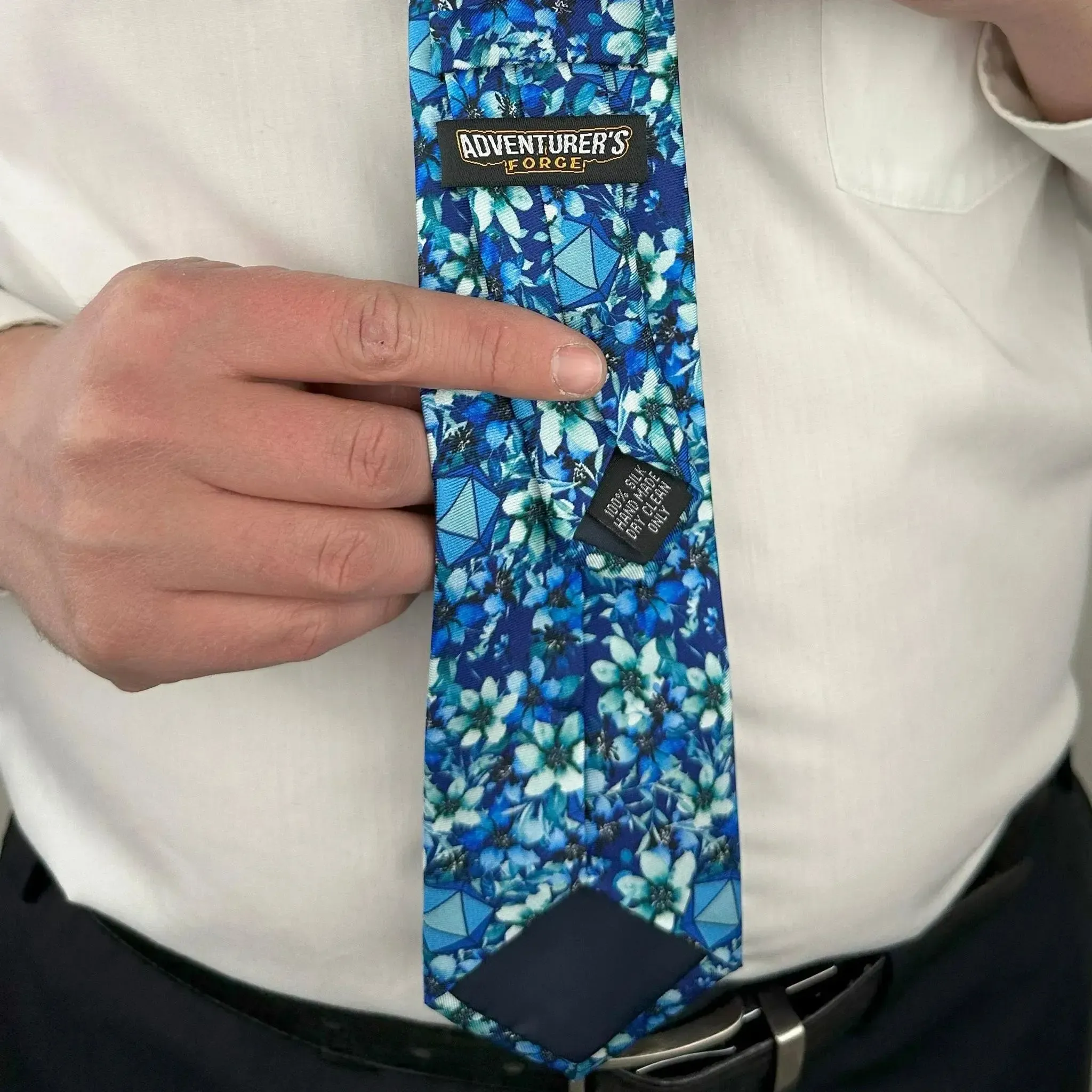 Light Blue Floral Dice Pattern Premium Necktie (Handmade, 100% Silk) - Adventurer's Forge - Image 8