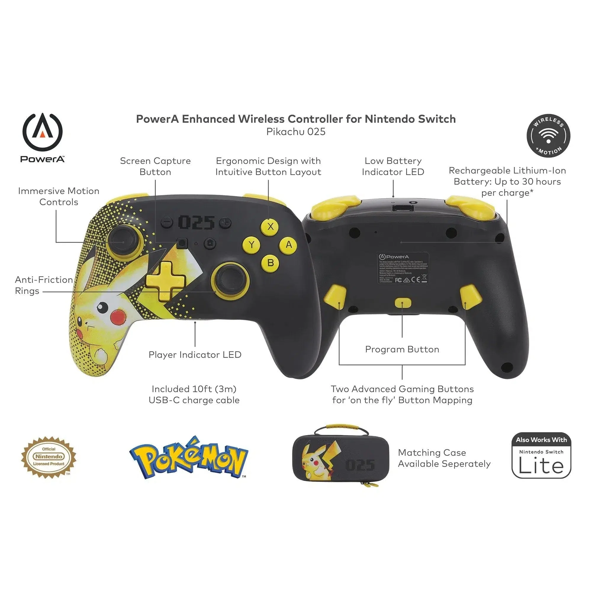 Nintendo Switch Controller (Pikachu 025 Version) - PowerA - Enhanced Wireless Controller - Image 10