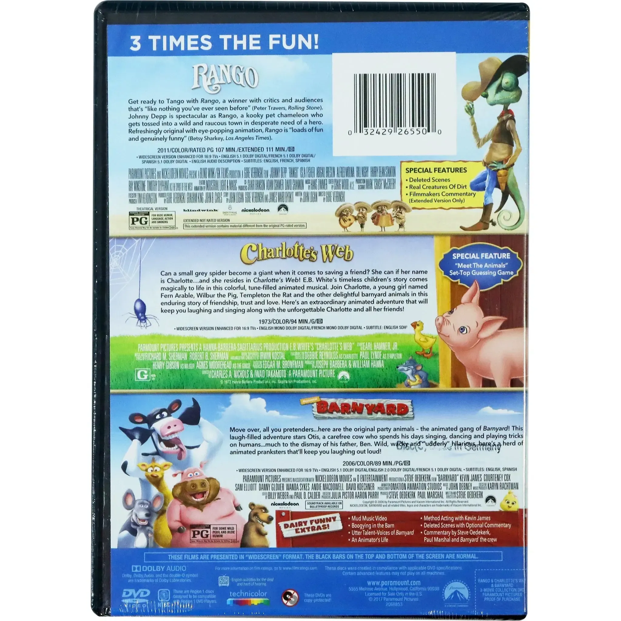 Rango, Charlotte’s Web and Barnyard | Animated Movies | DVD | 3-Movie Collection - Image 2