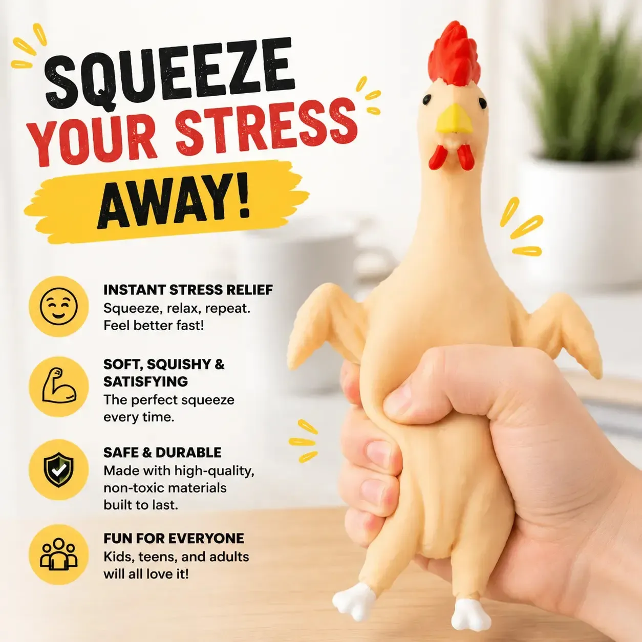 Squeeze Chicken Stress Toy | Funny Squishy Chicken | Sand-Filled Fidget Toy for Kids & Adults | Stress Relief, Desk, Office, Home, Party Gag Gift - Wonderland Workshop - Image 2