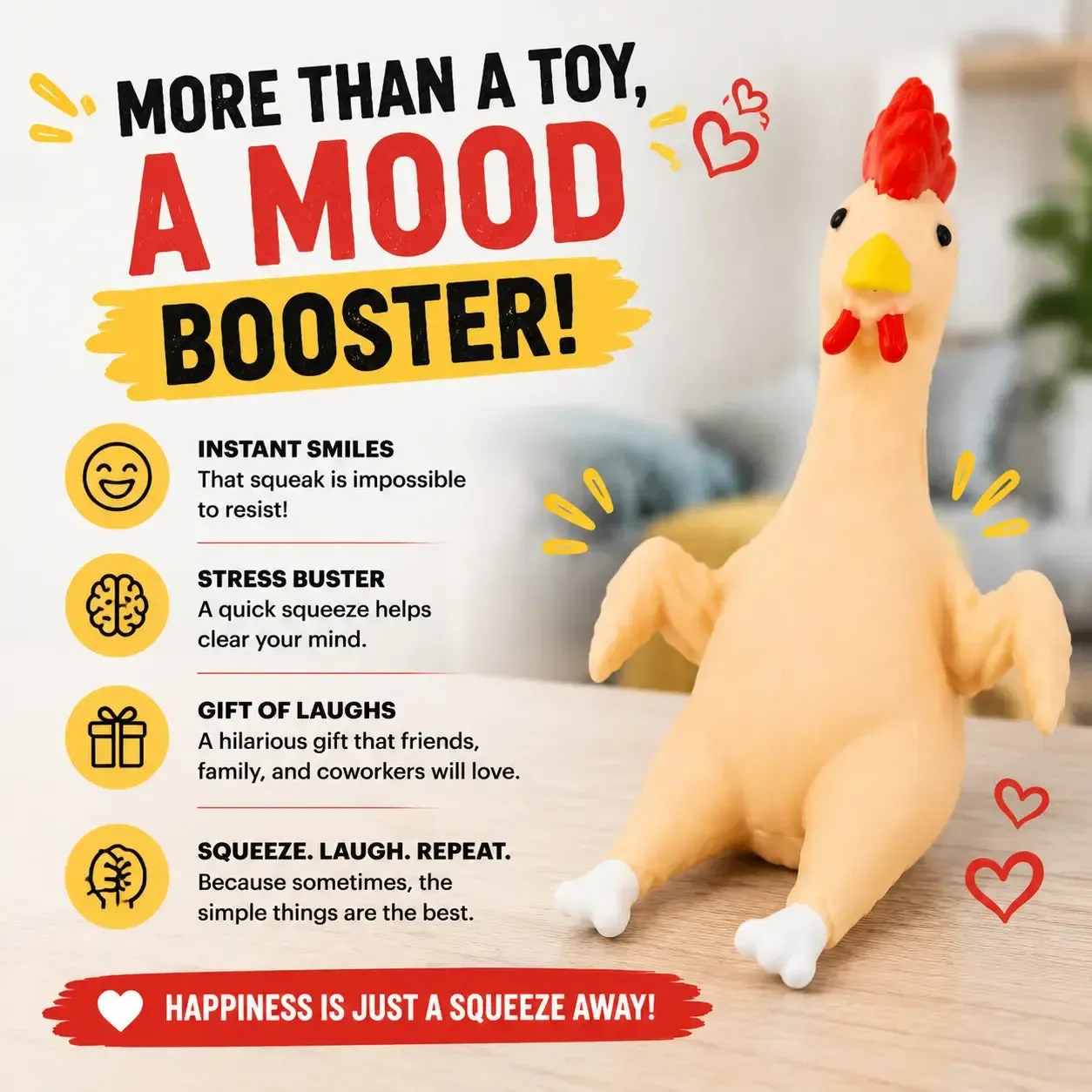 Squeeze Chicken Stress Toy | Funny Squishy Chicken | Sand-Filled Fidget Toy for Kids & Adults | Stress Relief, Desk, Office, Home, Party Gag Gift - Wonderland Workshop - Image 3