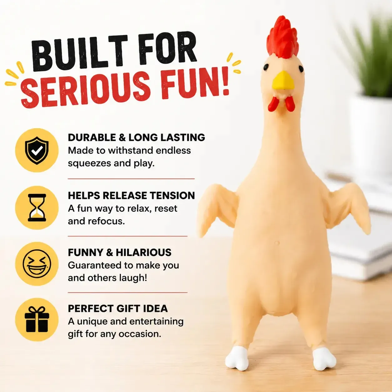 Squeeze Chicken Stress Toy | Funny Squishy Chicken | Sand-Filled Fidget Toy for Kids & Adults | Stress Relief, Desk, Office, Home, Party Gag Gift - Wonderland Workshop - Image 4