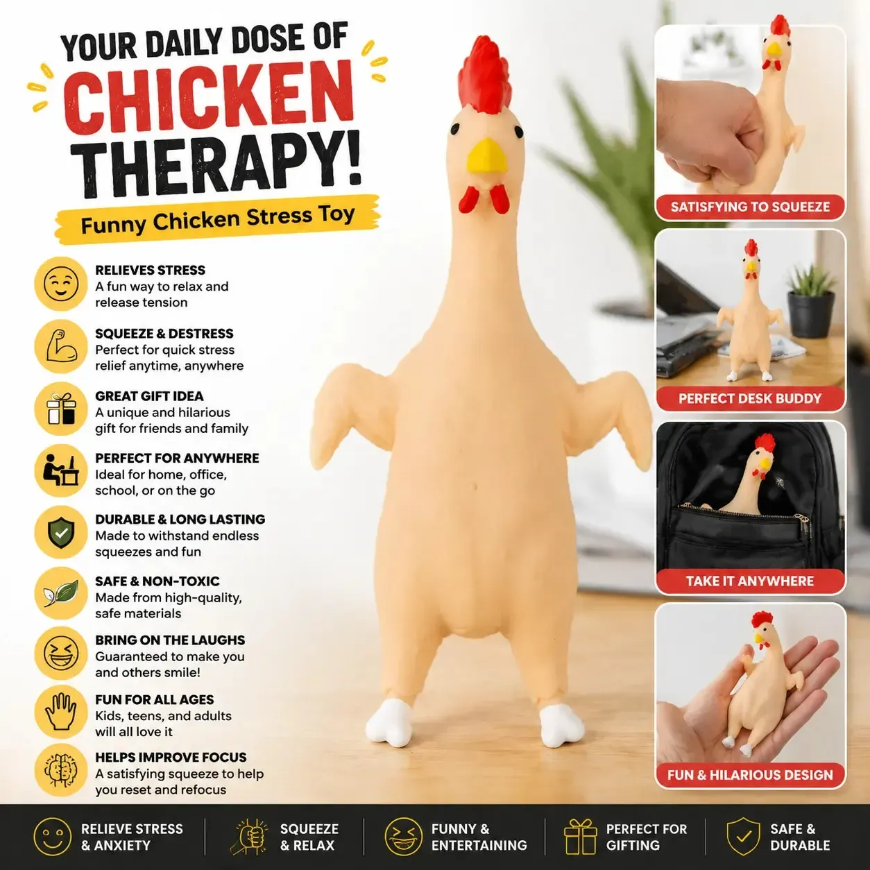 Squeeze Chicken Stress Toy | Funny Squishy Chicken | Sand-Filled Fidget Toy for Kids & Adults | Stress Relief, Desk, Office, Home, Party Gag Gift - Wonderland Workshop - Image 6