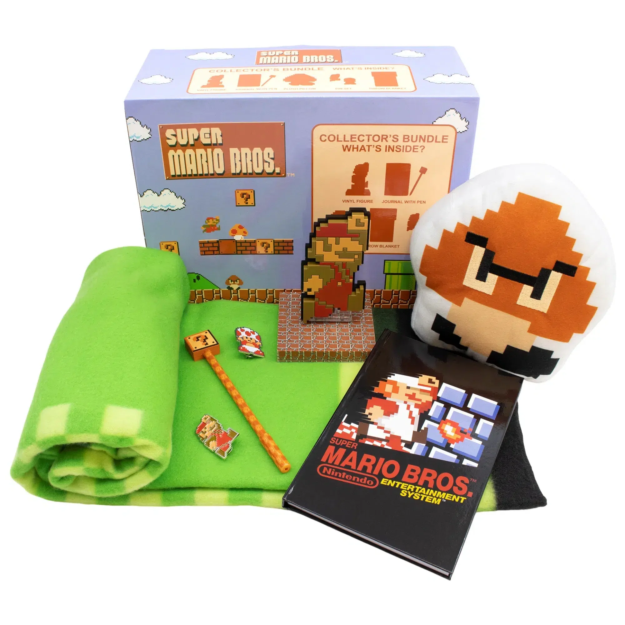 Super Mario Bros. - Overworld Collector's Gift Box Set - Culturefly - Plush Pillow, Throw Blanket, Pin Badge, Notebook & Pen, Vinyl Figure - Image 2