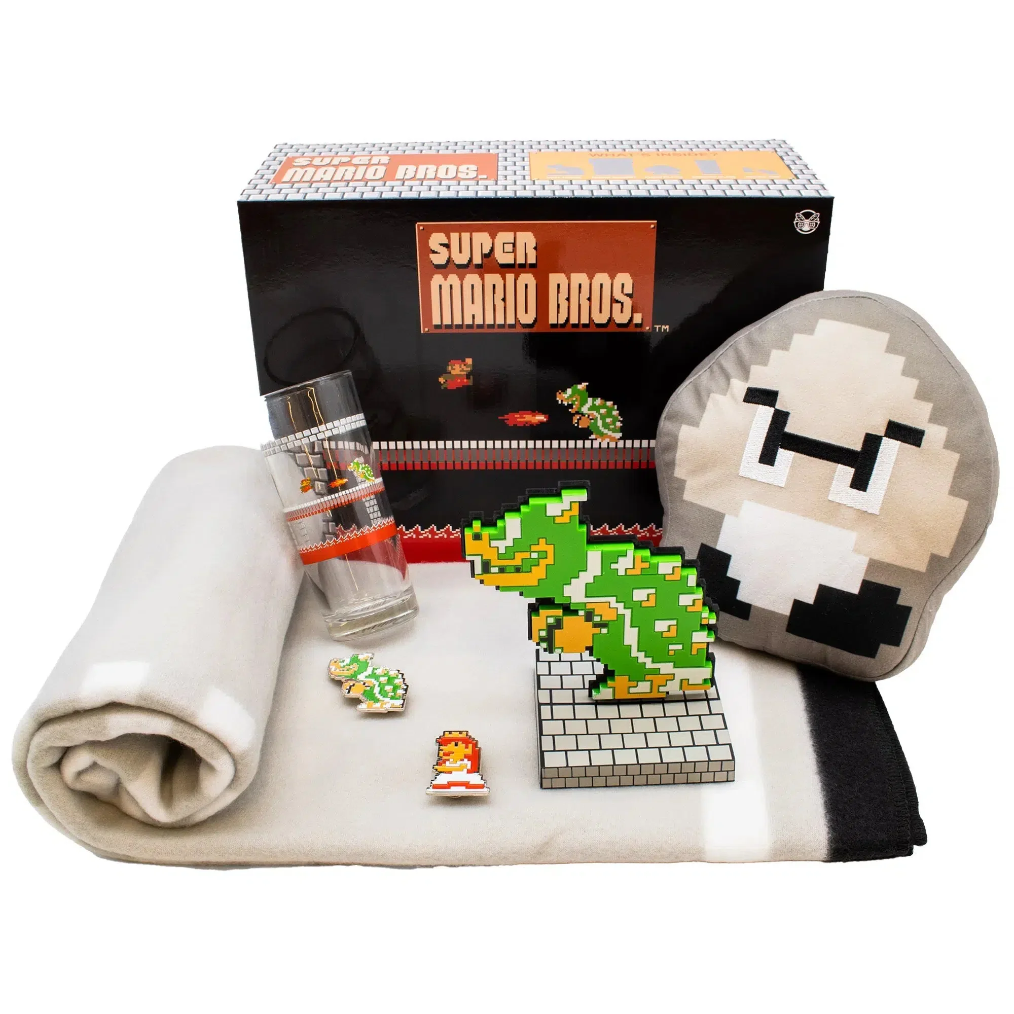 Super Mario Bros. - Underworld Collector's Gift Box Set - Culturefly - Throw Blanket, Plush Pillow, Drinking Glass, Enamel Pins, Vinyl Figure - Image 2