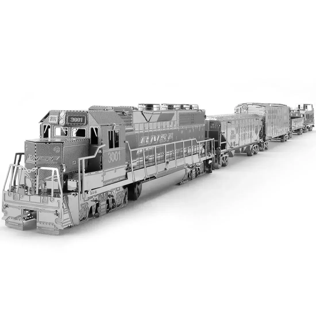 Unpainted Freight Train with Engine & 4 Cars Figure Model Kit Gift Set (Steel, Challenging Difficulty) - Fascinations - Metal Earth Premium Series - Image 2