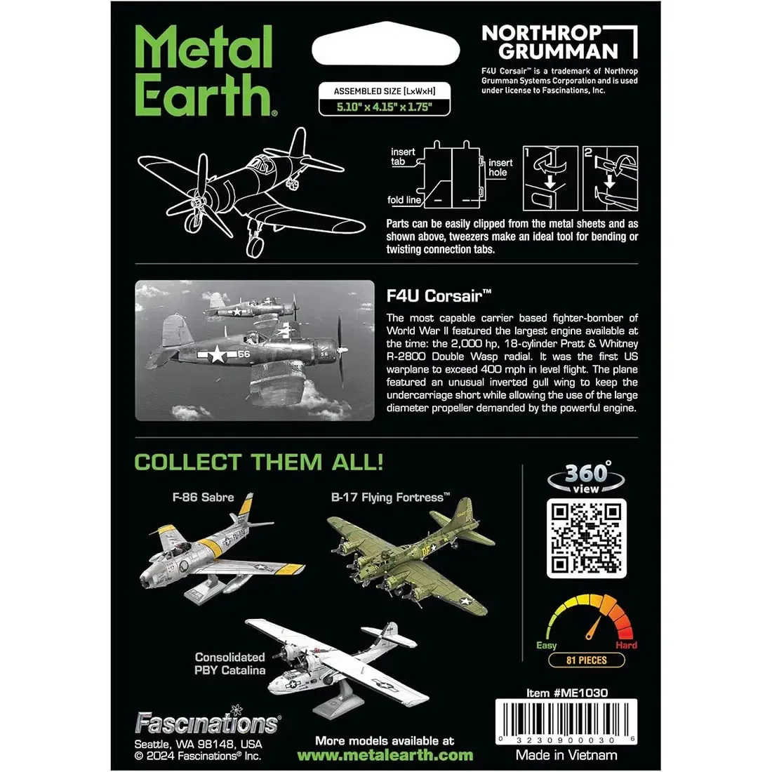 World War II - F4U Corsair American Plane Figure Model Kit (1:74 Scale, Steel, Challenging Difficulty) - Fascinations - Metal Earth Series - Image 3